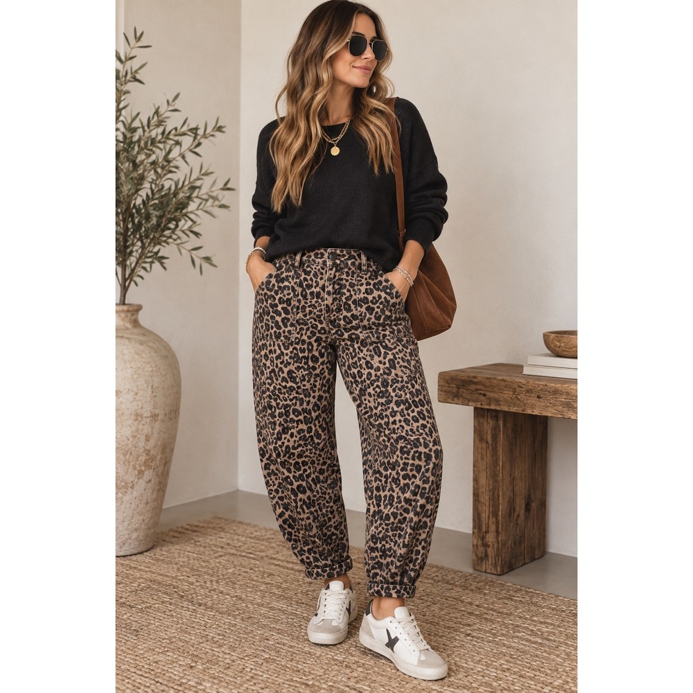 Sanctuary Leopard Print Cargo Pants High Rise Barrel Leg Tan Black 28